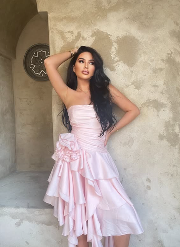 Pink A Line Strapless Floral Ruffle Layered Satin Short Homecoming Dress Outfits HZ1023